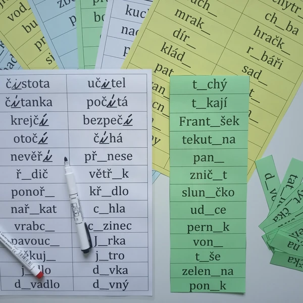 SBORNÍK kartiček - měkké a tvrdé souhlásky, slova s DĚ, TĚ, NĚ, BĚ, PĚ, VĚ, MĚ