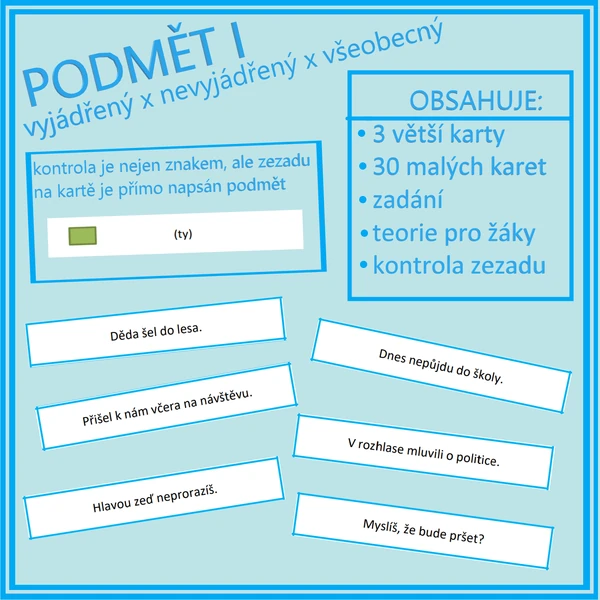 Podmět I – druhy (vyjádřený, nevyjádřený, všeobecný) 