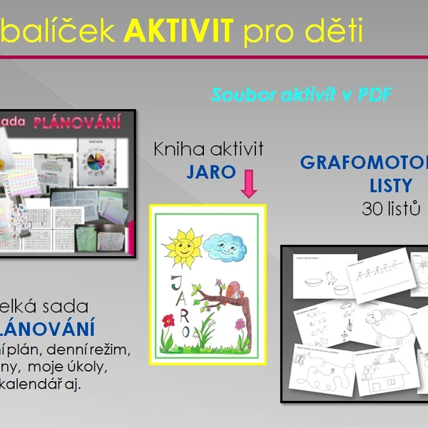 Balíček aktivit pro děti - Pracovní listy s jarní tematikou, grafomotorické listy, plánování (vzdělávací materiál)