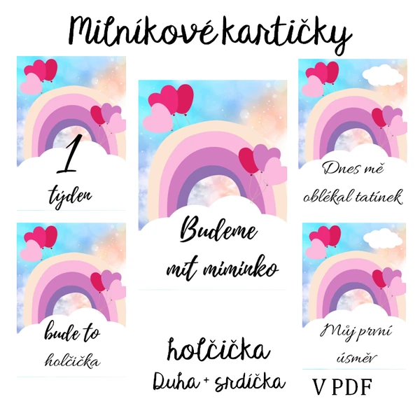 Milníkové kartičky - holčička duha + srdíčka