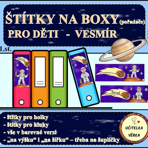 ŠTÍTKY NA BOXY (pořadače) PRO DĚTI - VESMÍR