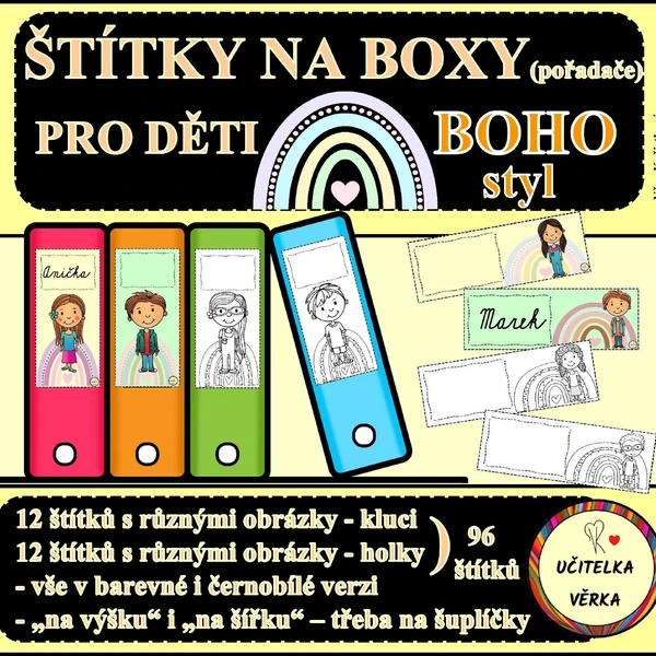 ŠTÍTKY NA BOXY (pořadače) PRO DĚTI - BOHO styl
