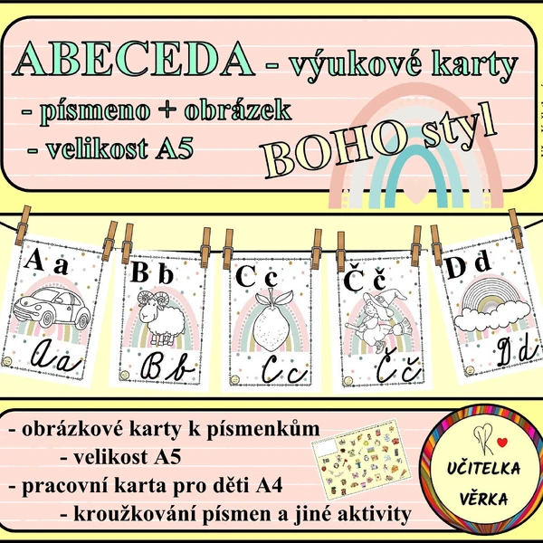 ABECEDA - výukové karty - písmeno + obrázek - velikost A5 - BOHO styl