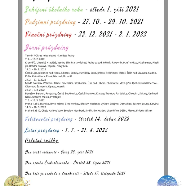 Organizace školního roku 2021/2022