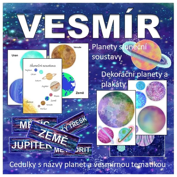 Vesmír - dekorační sada planet, plakátů a popisových kartiček k výzdobě třídy