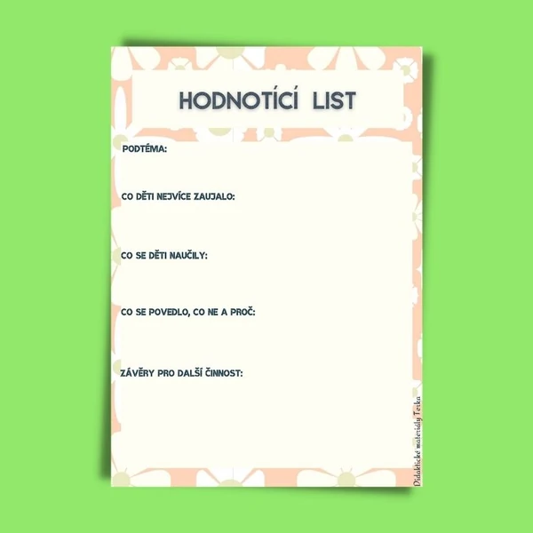 Hodnotící list pro paní učitelky v MŠ