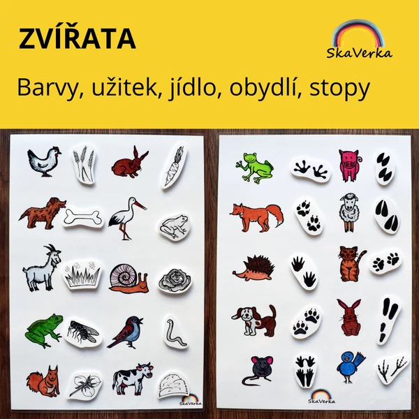 ZVÍŘATA - PŘIŘAZOVÁNÍ  /barvy, stopy, jídlo, užitek, obydlí/