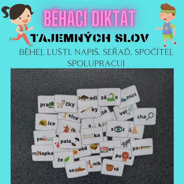 Běhací diktát tajemných slov - běhej, lušti, napiš, seřaď, spočítej, spolupracuj
