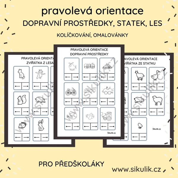 Pravolevá orientace dopravní prostředky, zvířátka z lesa a ze statku