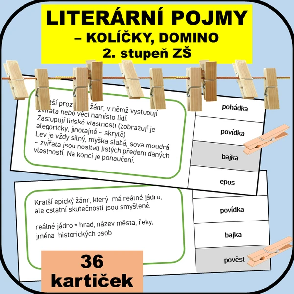 Literární pojmy - kolíčky, domino, 2. stupeň ZŠ