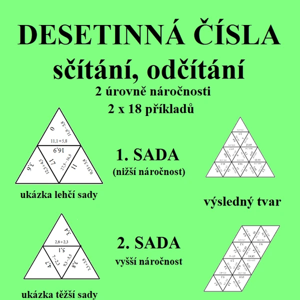Trimino - DESETINNÁ ČÍSLA - sčítání, odčítání - 2 úrovně náročnosti
