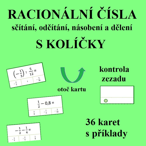 Racionální čísla (zlomky) s kolíčky - sčítání, odčítání, násobení, dělení