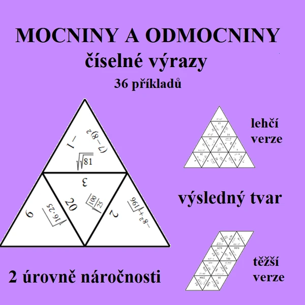 Trimino - MOCNINY A ODMOCNINY - číselné výrazy (2 úrovně náročnosti)