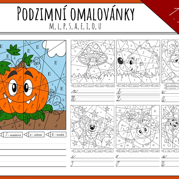 Podzimní omalovánky - M, L, P, S, A, E, I, O, U