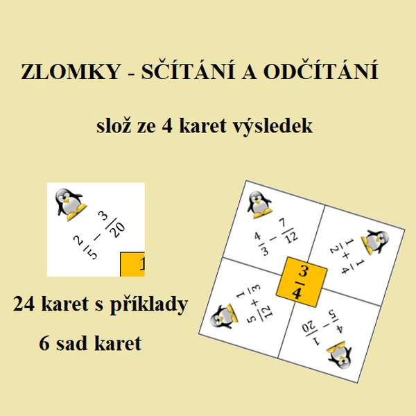 ZLOMKY - SČÍTÁNÍ, ODČÍTÁNÍ (slož z karet výsledek)