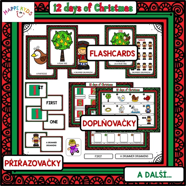 12 DAYS OF CHRISTMAS - flashcards, přiřazovačky, doplňovačky