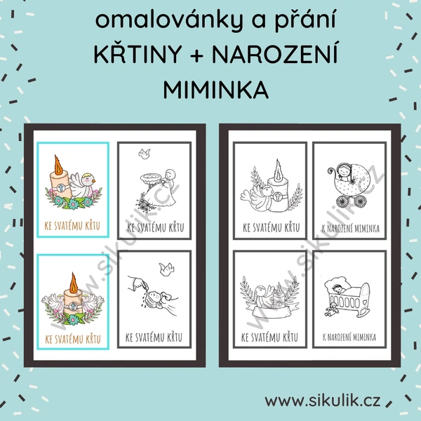 KŘTINY A NAROZENÍ MIMINKA, sada přáníček k vymalování