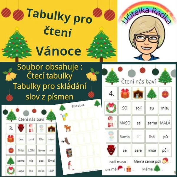Tabulky čtení pro 1.třídu - Vánoce