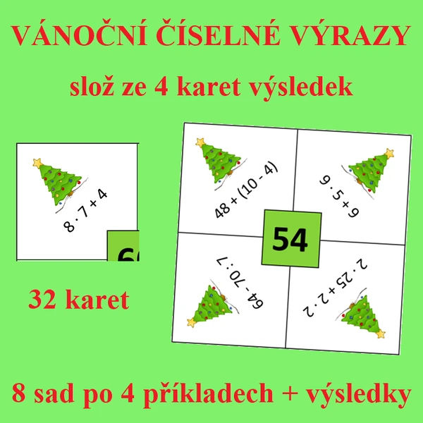 Vánoční číselné výrazy (slož z karet výsledek)