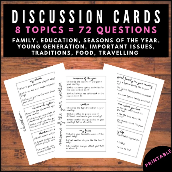 Discussion cards- 72 Questions, 8 topics