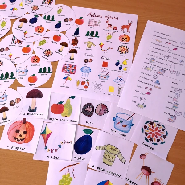 Sada aktivit - Podzim - najdi dvojče, alphabet, flashcards, picture reading