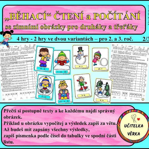 „BĚHACÍ“ ČTENÍ a POČÍTÁNÍ se zimními obrázky pro druháky a třeťáky