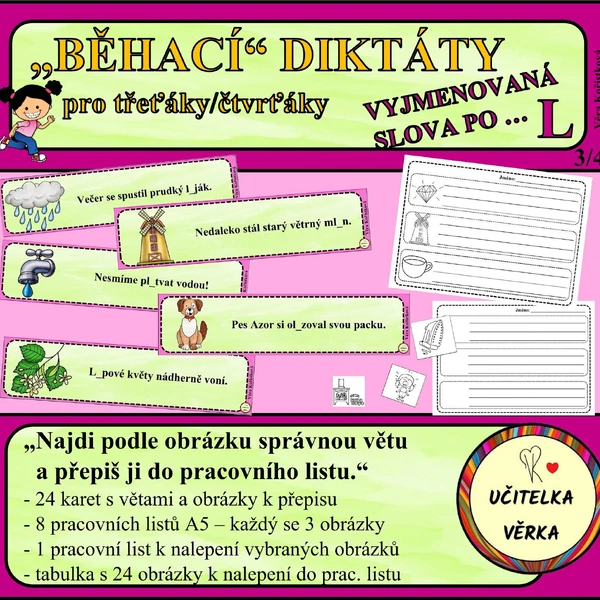 „BĚHACÍ“ DIKTÁTY pro třeťáky/čtvrťáky - VYJMENOVANÁ SLOVA PO L