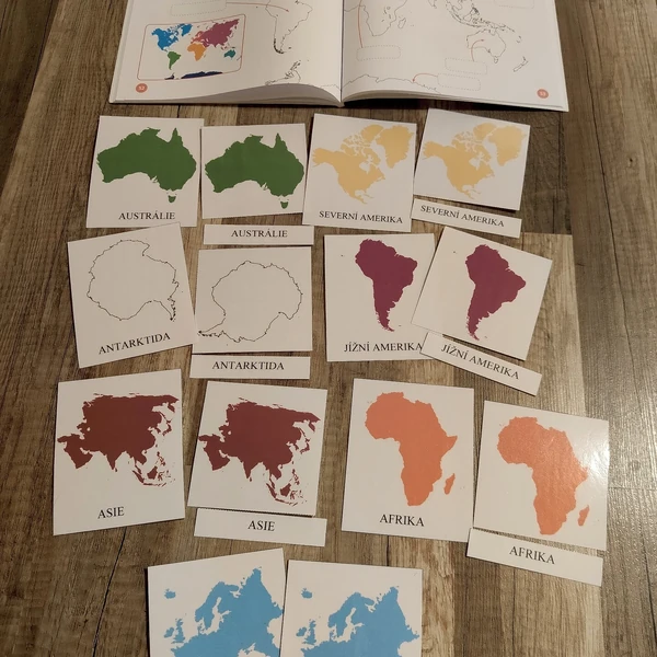 Montessori třísložkové karty - kontinenty