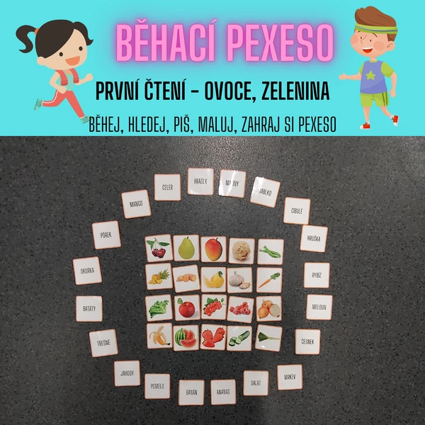Běhací diktát - první čtení ovoce zelenina (běhej, hledej, piš, maluj, zahraj si pexeso)