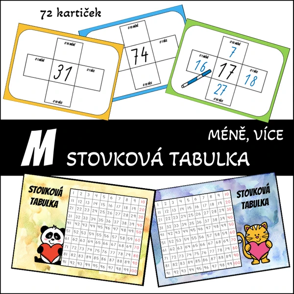 Stovková tabulka - méně, více, o 10 méně, o 10 více