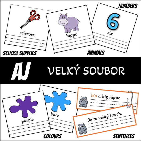 Velký soubor na AJ - school supplies, colours, animals, numbers, sentences
