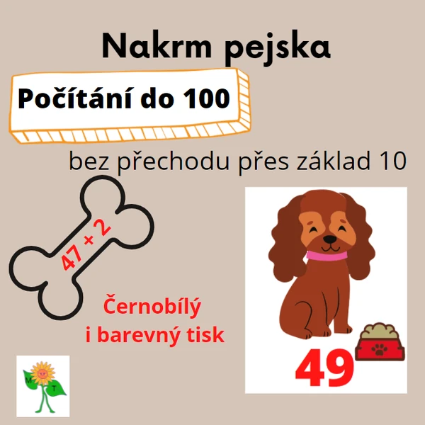 Nakrm pejska - sčítání a odčítání do 100 bez přechodu přes základ 10