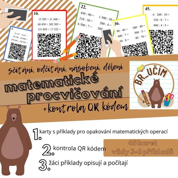 Sada karet k matematickému procvičování, kontrola pomocí QR kódu