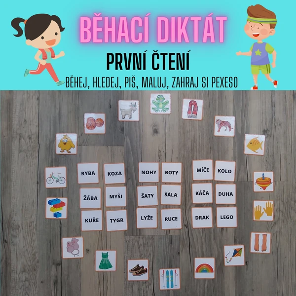 Běhací diktát - první čtení (běhej, hledej, piš, maluj, zahraj si pexeso)