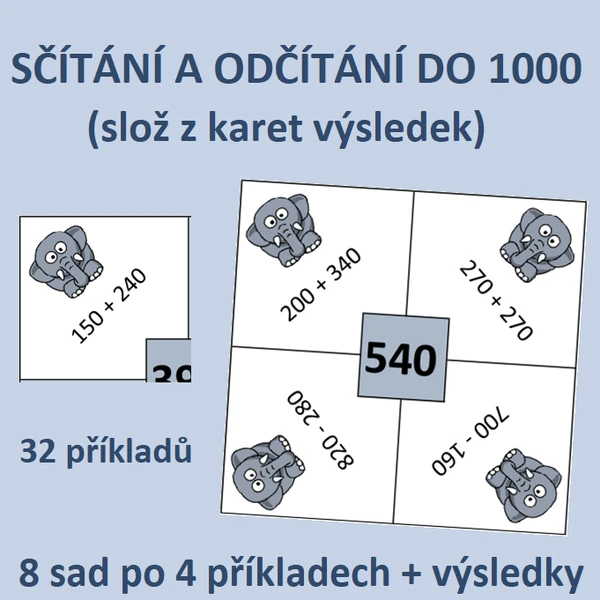 Sčítání a odčítání do 1000 (slož z karet výsledek)
