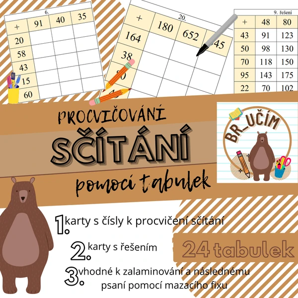 SČÍTÁNÍ - tabulky k procvičení sčítání do 1000