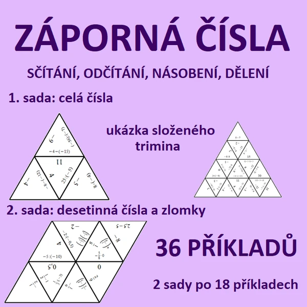Trimino – záporná čísla (základní početní operace) – 2 sady