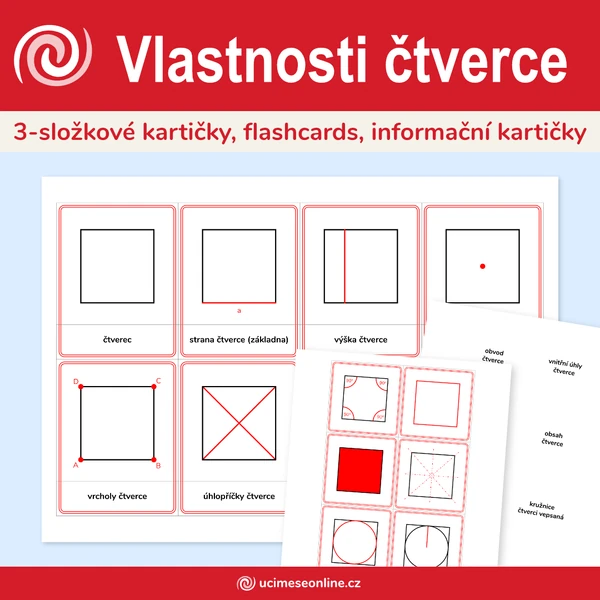Vlastnosti čtverce - 3-složkové kartičky, flashcards, informační kartičky