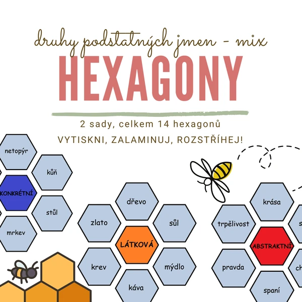 Druhy podstatných jmen (mix) - hexagony