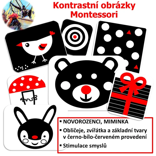 Kontrastní obrázky Montessori: tvary/symboly + zvířátka/obličeje