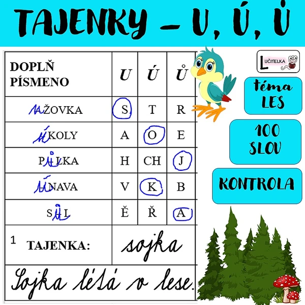 Tajenky= les (pravopis Ú,Ů,U)