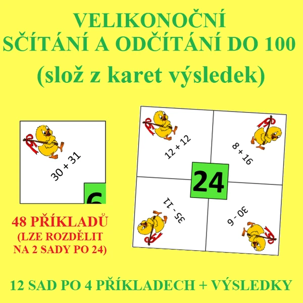 VELIKONOČNÍ SČÍTÁNÍ A ODČÍTÁNÍ DO 100 (slož z karet výsledek)
