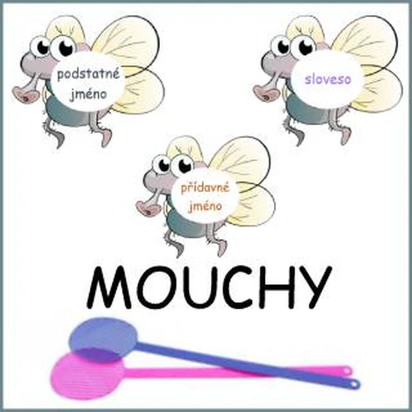Mouchy - podstatná jména, přídavná jména, slovesa