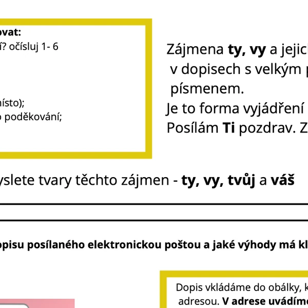 Pracovní list - pravidla psaní dopisu, zájmena Ty, Vy v dopisech