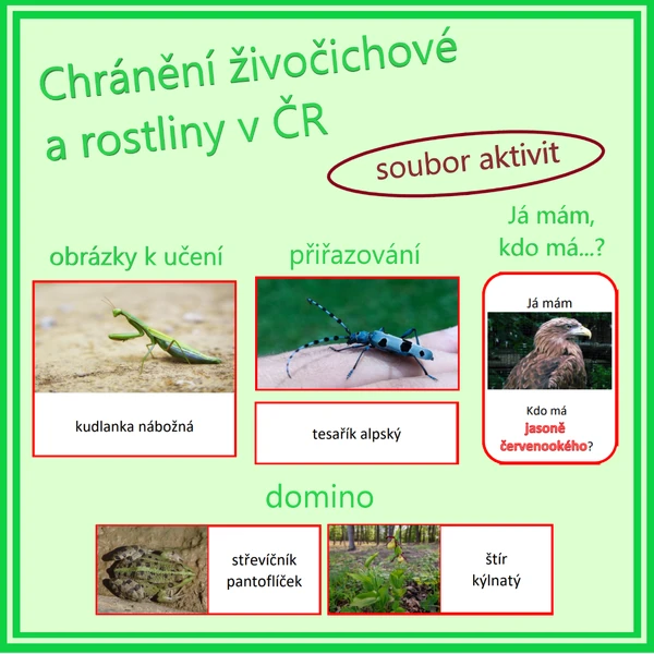Chránění živočichové a rostliny v ČR - soubor aktivit (třísložkové karty; domino; Já mám, kdo má…?)