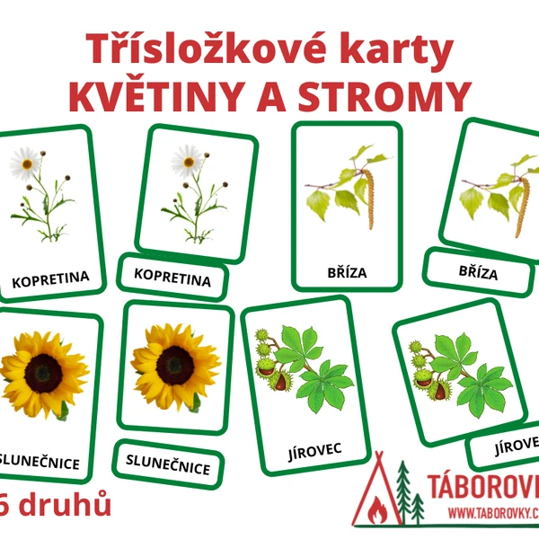 Třísložkové karty květiny a stromy