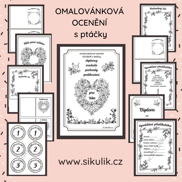 Omalovánková ocenění SOUBOR s ptáčky diplomy, medaile, pochvaly, poděkování, vysvědčení předškoláka
