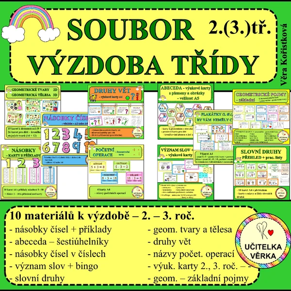 10 v 1 - SOUBOR 10 VÝUKOVÝCH MATERIÁLŮ (2. - 3. roč.) K VÝZDOBĚ TŘÍDY I K VÝUCE - barevná řada