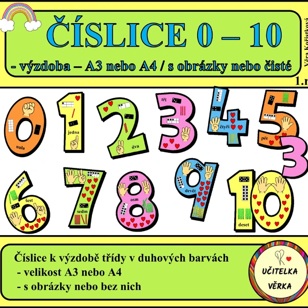 ČÍSLICE 0 - 10 - výzdoba - na A3 nebo A4 - barevná řada