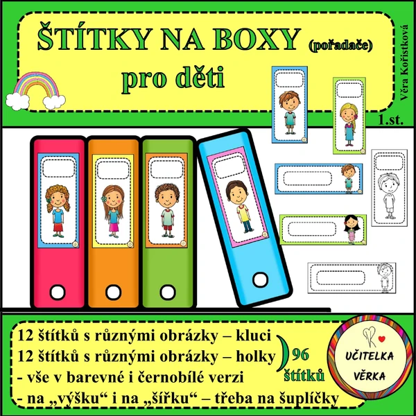 ŠTÍTKY NA BOXY/POŘADAČE pro děti - barevná řada